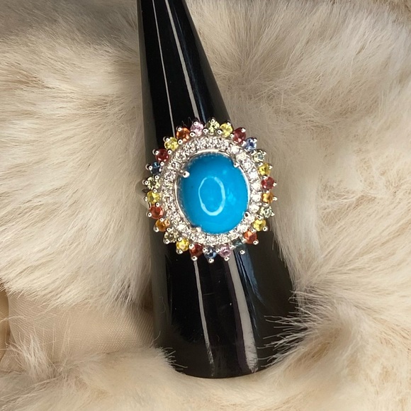 Premium Sleeping Beauty Turquoise and Multi Gemstone Double Halo Ring-Size 6 - Picture 6 of 7